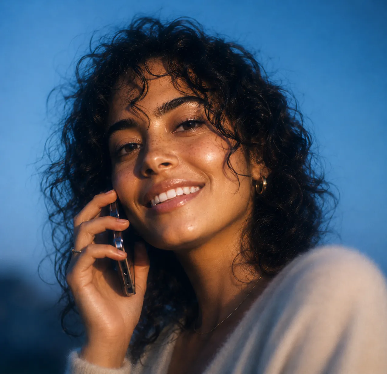 Persona sonriendo durante una llamada telefónica al atardecer